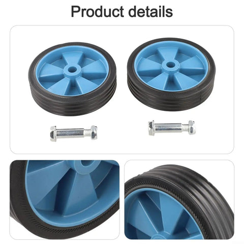Wicked Smooth Five Inch Caster Wheels For Air Compressor Silent Shockproof Replacement Casters For Workshop And Pneumatic Tools showing blue wheels and mounting hardware.