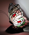 Tiffany Style Stained Glass Butterfly Table Lamp With Pink Butterfly Accent, Small Desk Lamp on antique bronze resin base