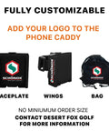 Black customizable Hands Free Golf Phone Caddy with faceplate, wings, and bag by Schönox for yardage GPS scorekeeping.