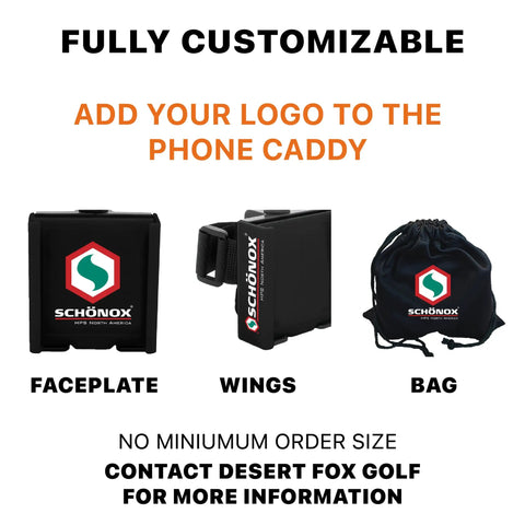 Black customizable Hands Free Golf Phone Caddy with faceplate, wings, and bag by Schönox for yardage GPS scorekeeping.