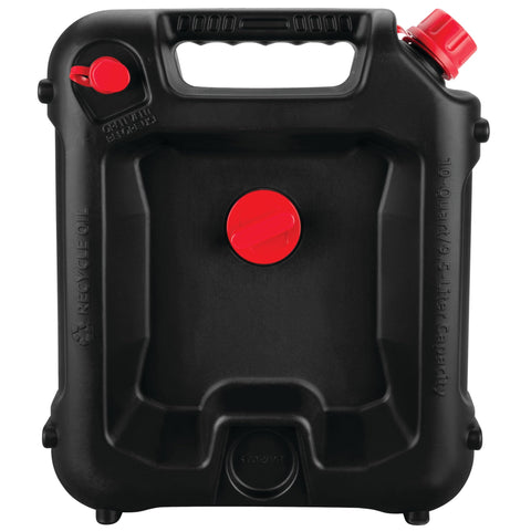 10-Quart Oil Drain Container With Deep Drain Well, Integrated Handle, And Sealing Rubber Gaskets, Black Finish, Front View