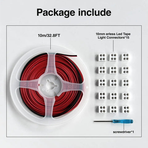15 Pack 2 Pin 10mm LED Strip Connectors With 32.8ft Wire, Solderless Screw Terminal Blocks, screwdriver included, top view