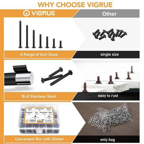 175-Piece 1/4-20 Flat Socket Head Screws Set With Black Oxide Finish, 304 stainless steel, range of sizes comparison