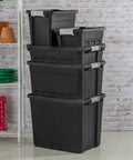 Stacked black six pack 10 gallon stackable storage totes for home organization, heavy duty plastic bins with recessed lids and latches