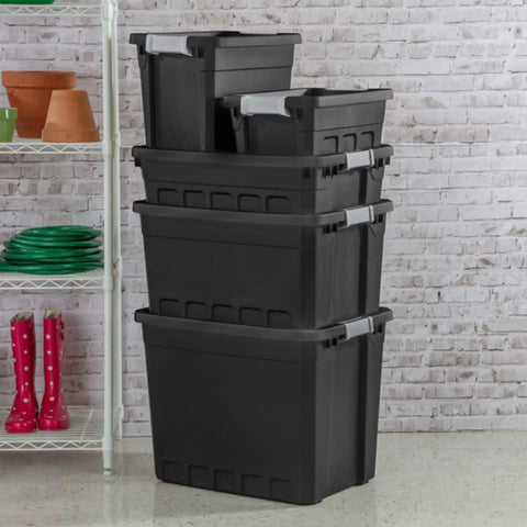 Stacked black six pack 10 gallon stackable storage totes for home organization, heavy duty plastic bins with recessed lids and latches