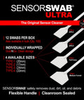 Sensor Swab Ultra packaging front view; 12-swab box of camera sensor cleaners for APS-H to full-frame cameras