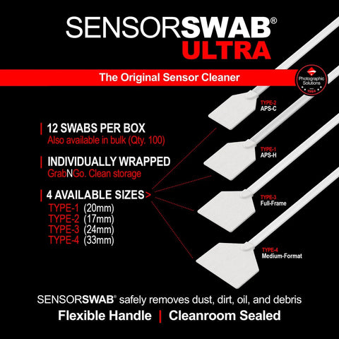Sensor Swab Ultra packaging front view; 12-swab box of camera sensor cleaners for APS-H to full-frame cameras