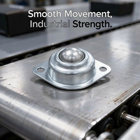 Close-up of a 20 Pcs Carbon Steel Ball Transfer Units Set Screw Mounted Roller Ball Bearings on a conveyor.
