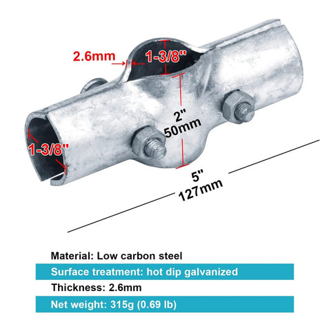 8 Pack 1 3/8 Inch Line Rail Clamps For Chain Link Fence Cross Grid Boulevard Fittings 0.11 Inch Thick Carbon Steel With Hot Dip Galvanized Finish Heavy Duty Rails And Posts Securing Clamp Set, close-up view showing measurements and galvanized finish.