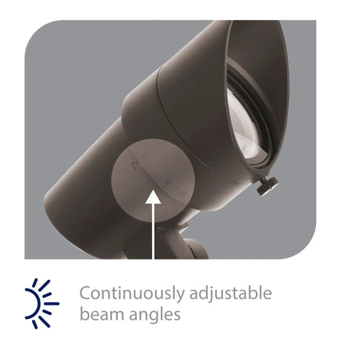Close-up of LED 12V Landscape Accent Light With Adjustable Beam Angle and Built In Dimming in bronze finish with focus on adjustment feature