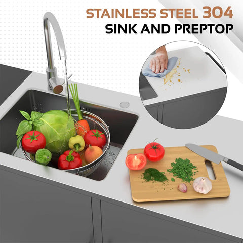 Outdoor Kitchen Sink With Hose Hookup And Stainless Steel Prep Table with vegetables and cutting board, ideal for outdoor use.