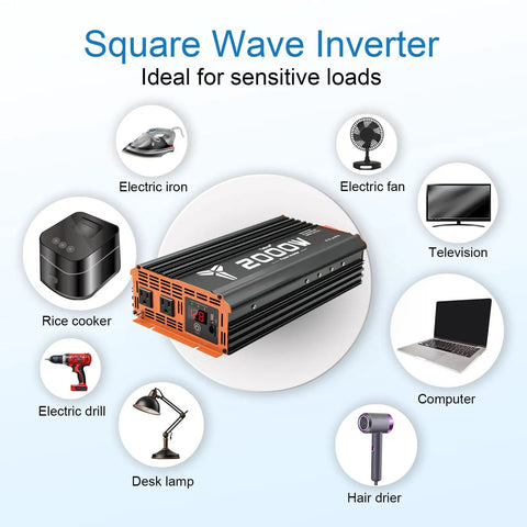 Solid 2000 Watt Power Inverter 12V DC To 110V AC Converter For Rv Truck Home And Off Grid Solar powering various devices.