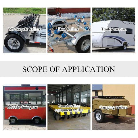 Image showing various vehicles: motorcycle trailers, boat trailers, trailer caravan, mobile dining car, construction trailer, camping trailers. Scope of application.