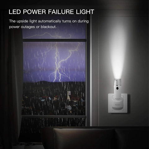 Room illuminated by 3 Pack Emergency Flashlight And Night Light Kit, Rechargeable LED Handheld Flashlight With Power Failure Mode, Plug In Night Light, 3 In 1 With Light Sensor against storm outside.
