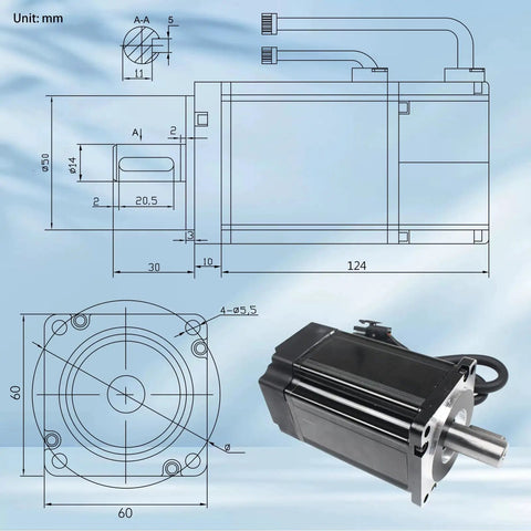 600W 110V Servo Motor With Driver No Brake 5 Pole 2500 Rpm Peak 3000 Rpm 1.91 Newton Meters Rated Torque 5.73 Newton Meters Max Torque IP65 Encoder Resolution 10000 Ppr Ideal For CNC Machines And Automation Projects., dimensioned servo motor drawing and product view