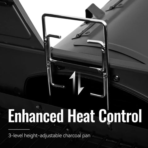 Height-adjustable charcoal pan on two burner gas and charcoal grill combo with offset smoker for backyard BBQs