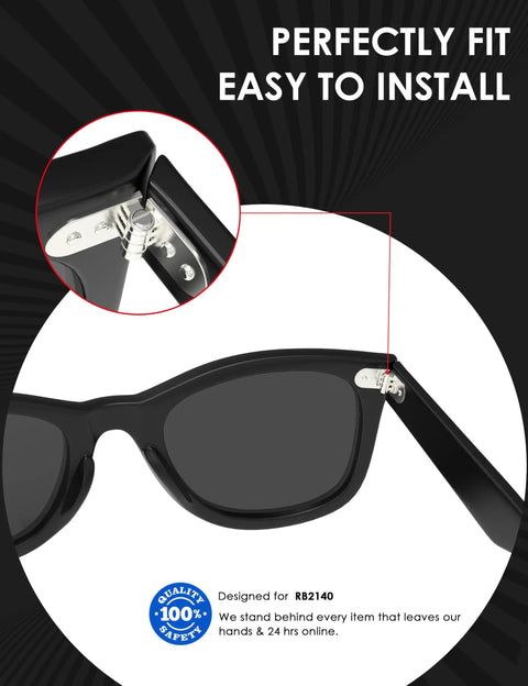 Close-up of Wayfarer sunglasses with 2 Pairs Replacement Screws Kit For Wayfarer Sunglasses With Stainless Steel Screws And Handy Screwdriver Included In Silver
