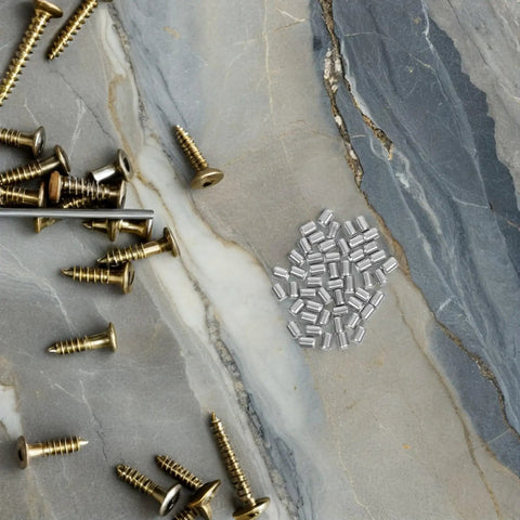 Get Your Shelves Sturdy With 50 Stainless Steel Dowel Pins For Furniture Repair And Wood Bunk Bed Fix on marble surface.