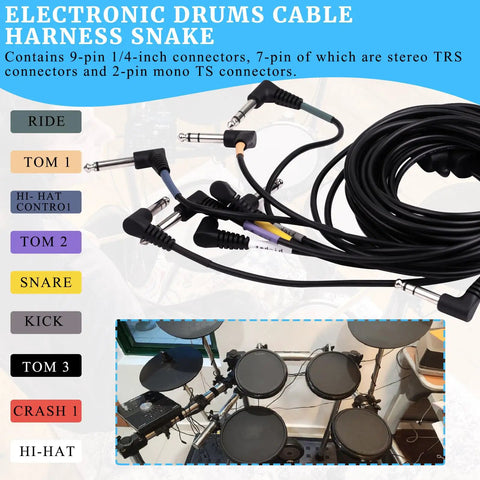Cable Harness Snake Loom Replacement For Electronic Drum Sets And Modules With Hi Hat RCA Connector Type Nickel Plated Plug And One Quarter Inch To Three Point Five Millimeter Adapter coiled on table, labeled connections.