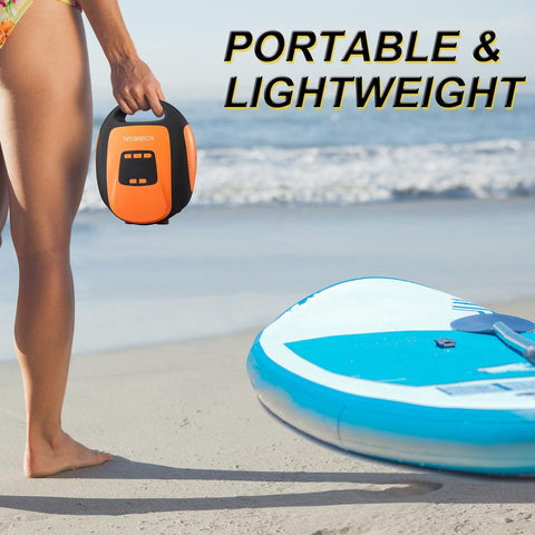 Person holding Electric Portable Paddle Board Pump For SUP with Auto Off and 20 PSI Beast Power Air Compressor on the beach.