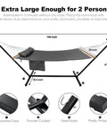 Two Person Outdoor Hammock With Heavy Duty Steel Stand 55 Inch Double Hammock Large Removable Pillow Storage Pockets Easy Setup 475 Lbs Capacity For A Chill Backyard Hangout Haze Gray shown with dimension illustrations and features