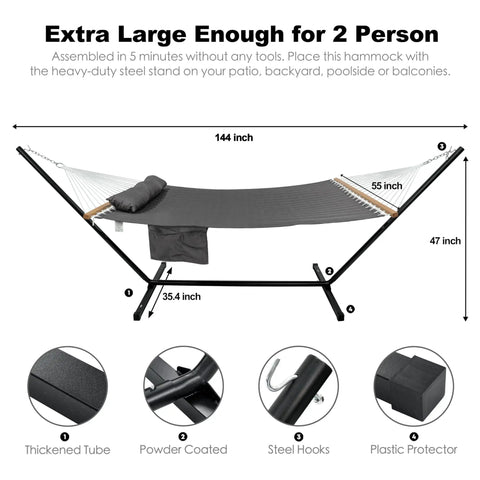 Two Person Outdoor Hammock With Heavy Duty Steel Stand 55 Inch Double Hammock Large Removable Pillow Storage Pockets Easy Setup 475 Lbs Capacity For A Chill Backyard Hangout Haze Gray shown with dimension illustrations and features
