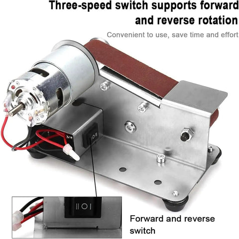 Mini Electric Belt Sander features 7 speed options and reverse switch for smooth knife making and DIY projects.
