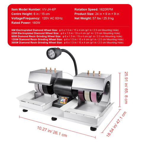 Cabbing Machine With Dope Six 6 Inch Diamond Wheels, 0.25HP 1800RPM Lapidary Rock Grinder And Polisher with specifications