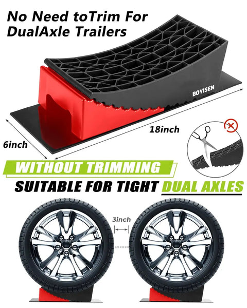 Side view of RV Leveling Blocks 2 Pack With Ramp Kit For Camper And Travel Trailer, Heavy Duty RV Levelers Up To 35,000 Lbs, showing the fit without trimming for dual axle trailers.