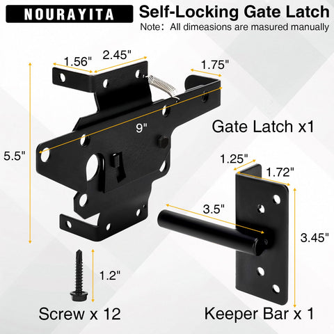 Heavy Duty Self Locking Gate Latch Post Mount For Wood And PVC Fences Durable Metal Gate Lock Hardware dimensions shown
