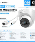 Diagram of 5MP Turret PoE Cam With Mic Audio For Outdoor Use Ultra HD Night Vision 132 Degree Field Of View MicroSD Up To 256GB Ready For Easy PoE Install With Quick Setup, showing dimensions and ports.