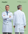 Front and back view of a white unisex lab coat with roomy workwear fit over clothes, highlighting features and pocket locations.