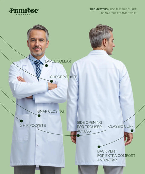 Front and back view of a white unisex lab coat with roomy workwear fit over clothes, highlighting features and pocket locations.