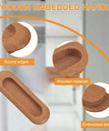 Oval Wood Recessed Concealed Door Handle Set Two Piece For Sliding Doors And Cabinets, natural beech wood finish, multiple angles