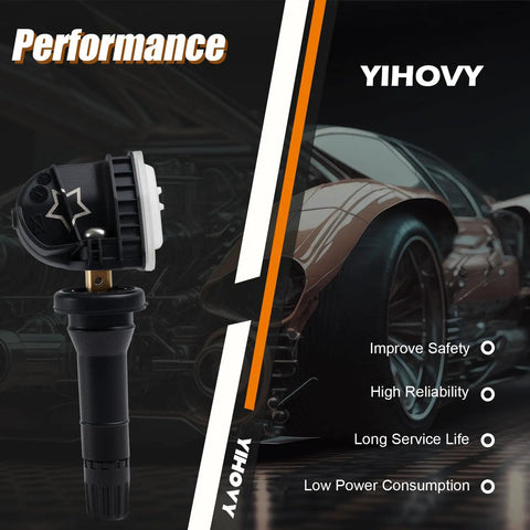 Preprogrammed TPMS Sensor Tire Pressure Monitoring System replaces 13598771, showcasing a detailed side view of the sensor.