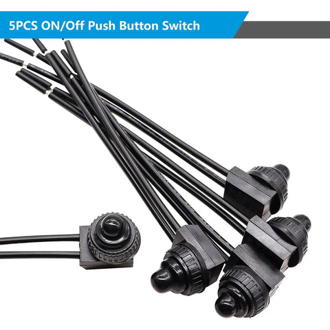 Five Pack 12V Waterproof Push Button Switches For RVs Motorcycles And Cars SPST On Off Leads At Four Point Five Inches For Quick Hookups Rectangular Base Seventeen By Fourteen Mm With A Three Eighth Inch Mount Hole Built Tough For DC Power Projects, five black push button switches with leads