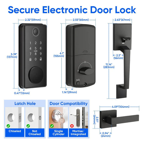 Secure Electronic Door Lock dimensions with measurements, showcasing the Super Slick Smart Door Lock Handle Set Delivering Breezy No Fuss Keyless Entry With Fingerprint Scan App Control And Easy Apple Watch Sync For Bedroom Or Workspace Deadbolt Protection.