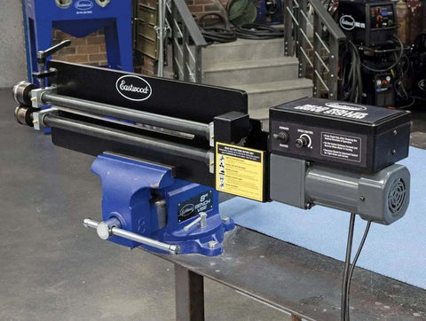 Bead Roller Drive System With 1/6 HP 120V Motor, Variable Speed 0 To 20 RPM, installed on workbench with foot pedal control