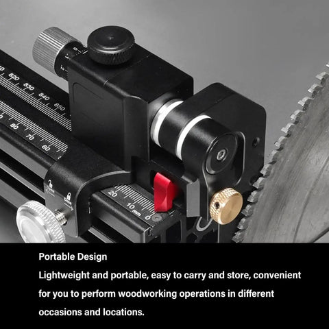 Close-up of Heavy Duty Aluminum Miter Gauge For Table Saw, showcasing adjustment knob and alignment markings for precise cuts.
