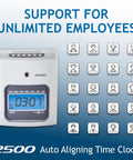 Heavy Duty Small Business Time Clock Bundle With Ivory Shell And Auto Aligning Tech For Dead Simple Crew Attendance Tracking And Payroll Ready Six Column Cards showing digital clock with employee icons.