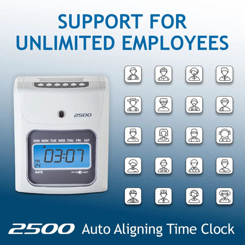 Heavy Duty Small Business Time Clock Bundle With Ivory Shell And Auto Aligning Tech For Dead Simple Crew Attendance Tracking And Payroll Ready Six Column Cards showing digital clock with employee icons.