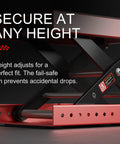 Soarshark 1100Lbs Aluminum Motorcycle Scissor Lift Jack With Reinforced Shaft Design For Heavy Duty Garage Use Red Steel Stand adjusting height features.