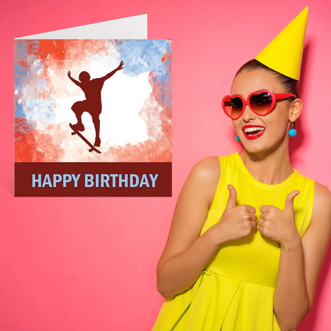 Skateboarding Birthday Card For Boys In Sports Fans Funny Happy Birthday Card with fun skateboard design, vibrant red.