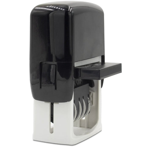 Built Tough Self Inking Date Stamp With Bright Red Ink and Big Bold Four Millimeter Dates visible in black and white design.