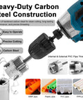 PVC Pipe Threader Kit For One Half Inch, Three Quarter Inch And One Inch NPT With Internal And External Thread Heads, Carbon Steel Dual Function Pipe Threading Tool Set attached to electric drill