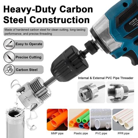 PVC Pipe Threader Kit For One Half Inch, Three Quarter Inch And One Inch NPT With Internal And External Thread Heads, Carbon Steel Dual Function Pipe Threading Tool Set attached to electric drill