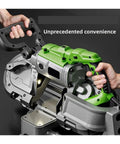 Rock Solid Electric Desktop Woodworking Saw With 1100W Motor and Killer Precision Cuts Straight Up Built Tough, detailed view of handle.