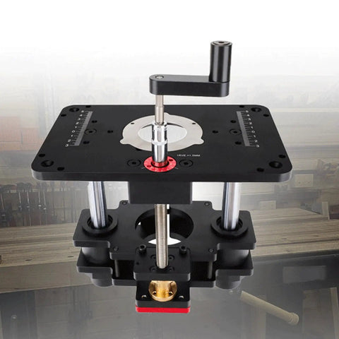 Heavy Duty Router Lift Table For 69 Mm Base Featuring No Sweat Micro Adjustments and Rust Proof Steel Rod with top view.