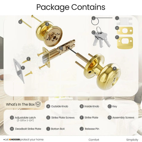 Package contents of Matte Black Door Knob With Lock And Key, showing parts like keys, latch, and screws.