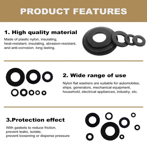 Product features of Nylon Flat Washer Kit 510 Pcs Assortment Set for electrical connections and appliance use.